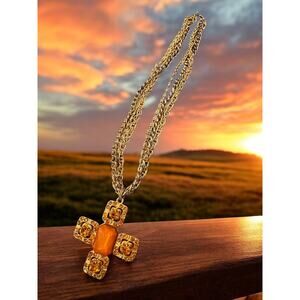 Vintage Maltese Cross Necklace-Orange Rhinestone & Gold Tone Elegance